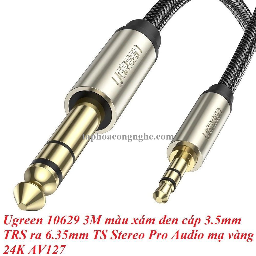Ugreen 10629 3M màu xám đen cáp 3.5mm TRS ra 6.35mm TS Stereo Pro Audio mạ vàng 24K AV127 30010629
